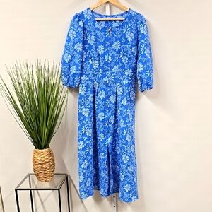 Blue‎ Puff Sleeve Midi Sundress - Large